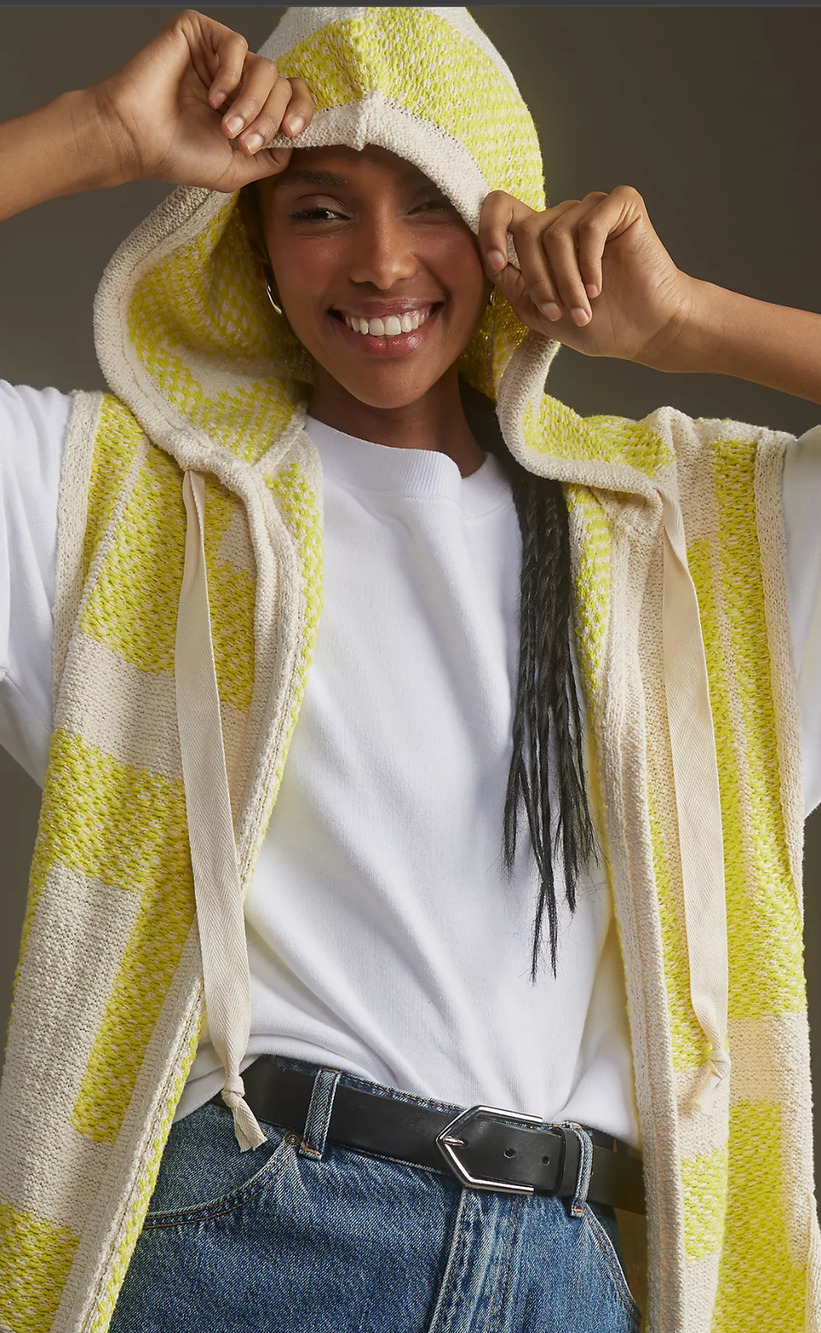 NWT Anthropologie Fringe Hooded Yellow and White Sweater Vest - Size Medium - Picture 1 of 5